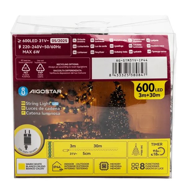 Guirlande lumineuse extérieure plate à 600 LED, 30 m, blanc chaud, 8 fonctions, mémoire et minuterie, basse tension, IP44