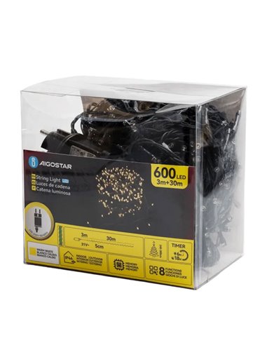Guirnalda exterior 600 LEDS planos 30m, blanco cálido, 8 funciones, memoria y temporizador, baja tensión, IP44