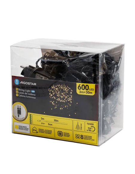 Guirnalda exterior 600 LEDS planos 30m, blanco cálido, 8 funciones, memoria y temporizador, baja tensión, IP44