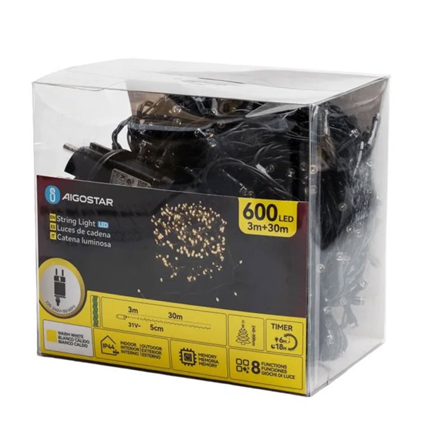 Guirnalda exterior 600 LEDS planos 30m, blanco cálido, 8 funciones, memoria y temporizador, baja tensión, IP44