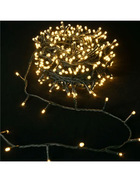 Guirnalda exterior 600 LEDS planos 30m, blanco cálido, 8 funciones, memoria y temporizador, baja tensión, IP44