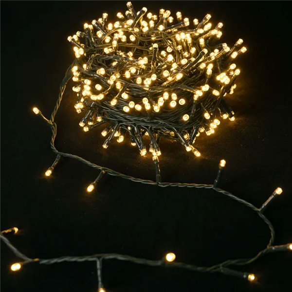 Guirnalda exterior 600 LEDS planos 30m, blanco cálido, 8 funciones, memoria y temporizador, baja tensión, IP44