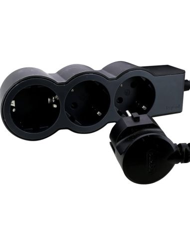 Base múltiple Legrand de 3 tomas 2P+T 16A 230V con cable 3 m y diseño plano acabado negro