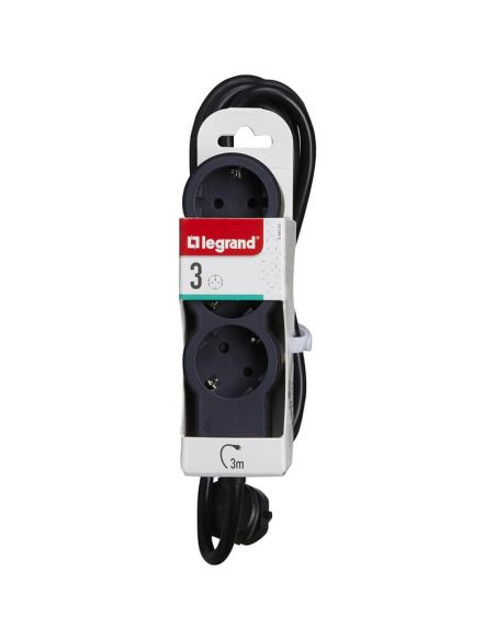Base múltiple Legrand de 3 tomas 2P+T 16A 230V con cable 3 m y diseño plano acabado negro