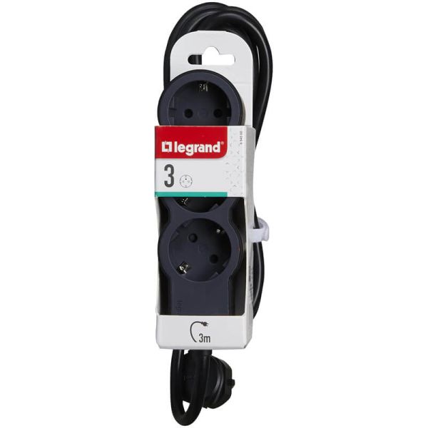Base múltiple Legrand de 3 tomas 2P+T 16A 230V con cable 3 m y diseño plano acabado negro