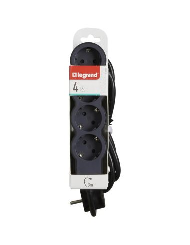 Base múltiple negra Legrand de 4 tomas 2P+T 16A 230V 3680W con cable 3 m y diseño plano