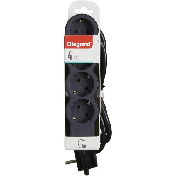 Base múltiple negra Legrand de 4 tomas 2P+T 16A 230V 3680W con cable 3 m y diseño plano