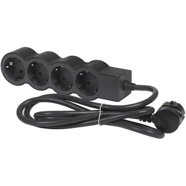 Base múltiple negra Legrand de 4 tomas 2P+T 16A 230V 3680W con cable 3 m y diseño plano