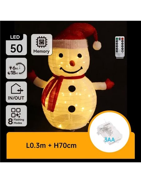 Muñeco de nieve LED plegable 0,7 m, blanco cálido 50 LED, pilas 3AA, con mando, interior/exterior IP44