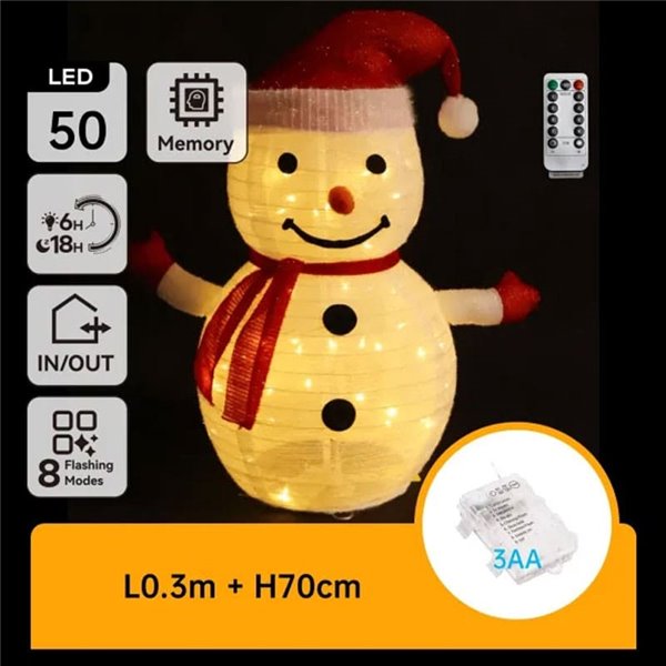 Muñeco de nieve LED plegable 0,7 m, blanco cálido 50 LED, pilas 3AA, con mando, interior/exterior IP44