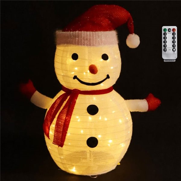 Muñeco de nieve LED plegable 0,7 m, blanco cálido 50 LED, pilas 3AA, con mando, interior/exterior IP44
