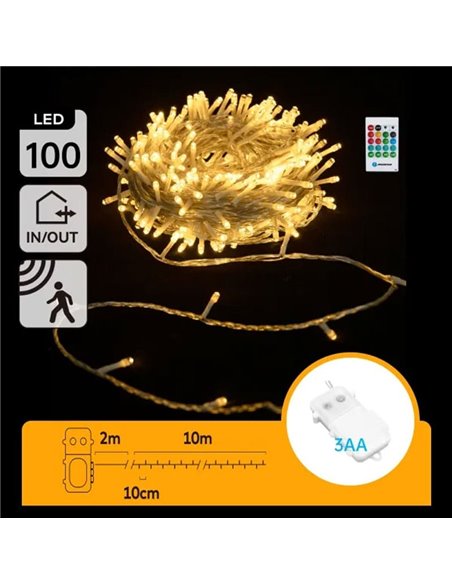 Guirnalda de luces 100 LED con caja de música 10m, blanco cálido, pilas 3AA, IP44