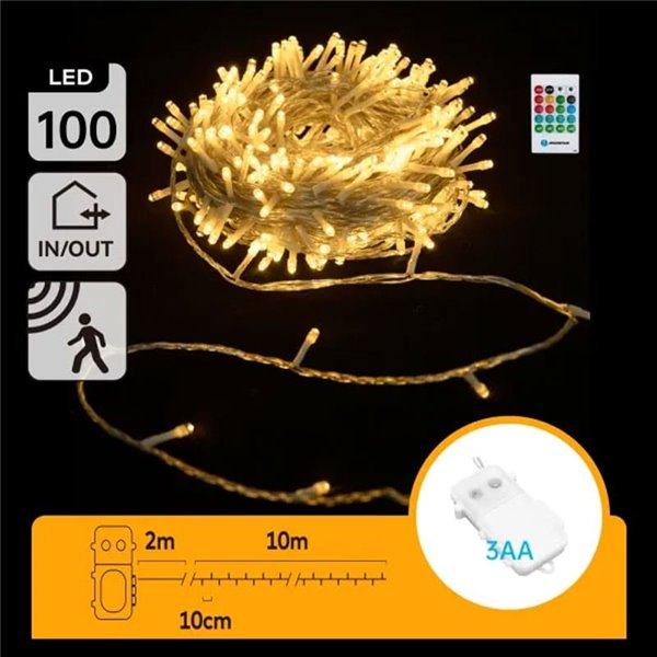 Cordão de luzes LED com 100 LEDs e caixa de música, 10m, branco quente, funciona com 3 pilhas AA, IP44