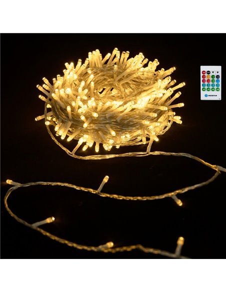 Guirnalda de luces 100 LED con caja de música 10m, blanco cálido, pilas 3AA, IP44