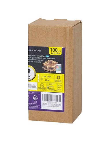 Guirnalda de luces 100 LED con caja de música 10m, blanco cálido, pilas 3AA, IP44