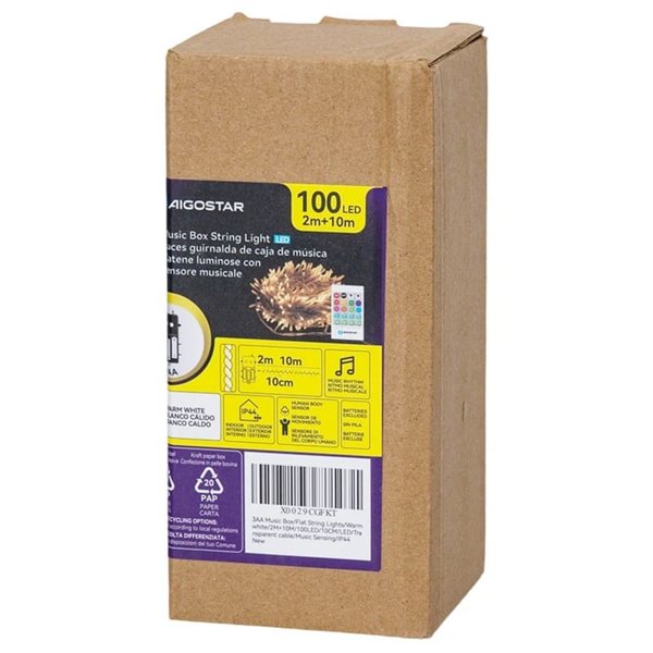 Guirnalda de luces 100 LED con caja de música 10m, blanco cálido, pilas 3AA, IP44