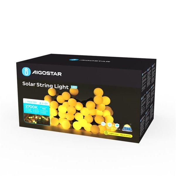 Luces LED solares de burbujas blancas 10m, luz cálida 2700K, se enciende automáticamente de noche, IP65