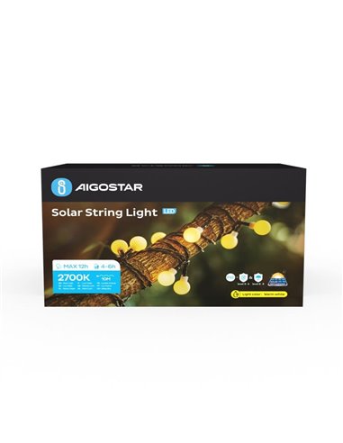 Guirlande lumineuse solaire LED blanche de 10 m, lumière chaude 2700 K, allumage automatique à la tombée de la nuit, IP65