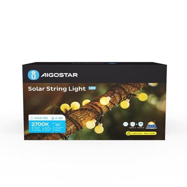 Guirlande lumineuse solaire LED blanche de 10 m, lumière chaude 2700 K, allumage automatique à la tombée de la nuit, IP65