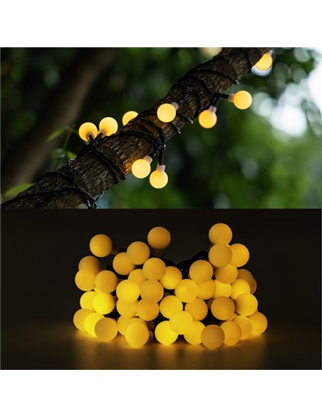 Luzes solares de LED brancas em formato de bolha, 10m, luz quente 2700K, ligam automaticamente à noite, IP65