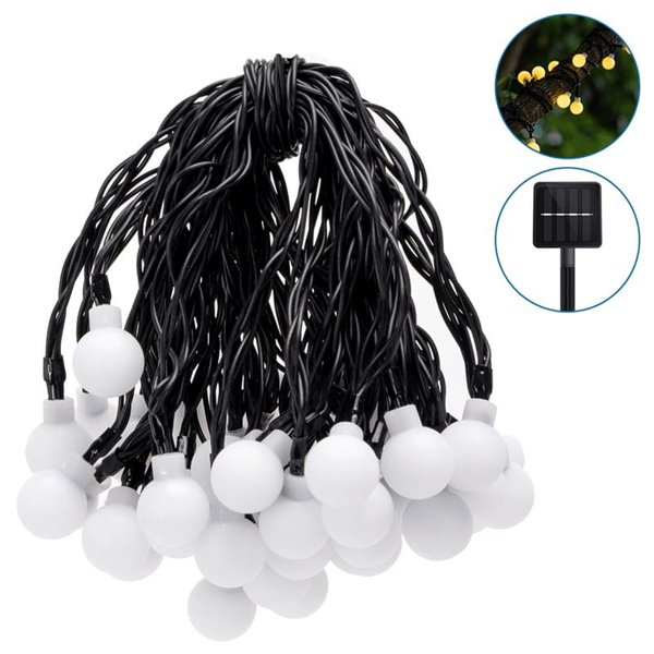 Luces LED solares de burbujas blancas 10m, luz cálida 2700K, se enciende automáticamente de noche, IP65