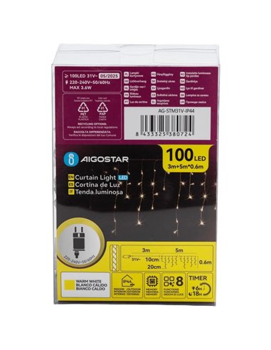 Cortina de 100 luces LED planas de carámbano 5m bajo voltaje, 25 tiras, 8 funciones+mem+temp, IP44