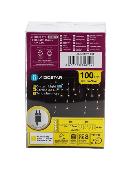 Cortina de LED plana de baixa tensão de 5m com 100 LEDs, 25 faixas, 8 funções + memória + temperatura, IP44