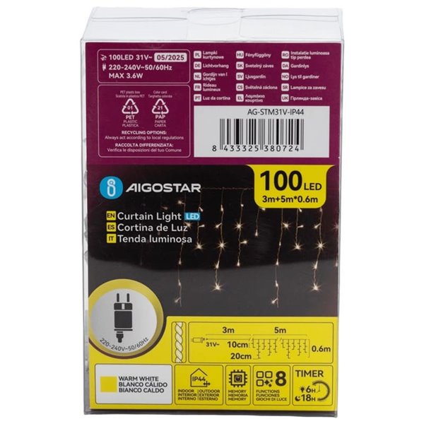 Rideau lumineux LED plat basse tension de 5 m, effet stalactite, 100 LED, 25 bandes, 8 fonctions + mémoire + température, IP44