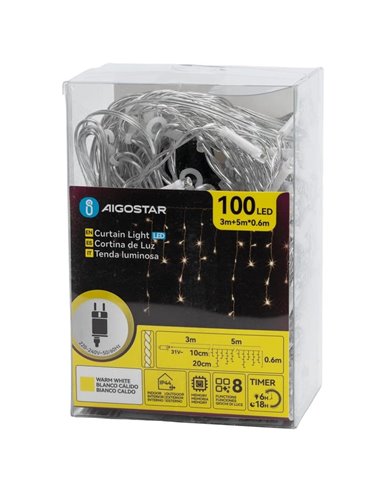 Rideau lumineux LED plat basse tension de 5 m, effet stalactite, 100 LED, 25 bandes, 8 fonctions + mémoire + température, IP44