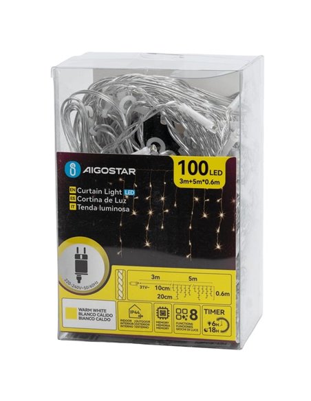 Rideau lumineux LED plat basse tension de 5 m, effet stalactite, 100 LED, 25 bandes, 8 fonctions + mémoire + température, IP44