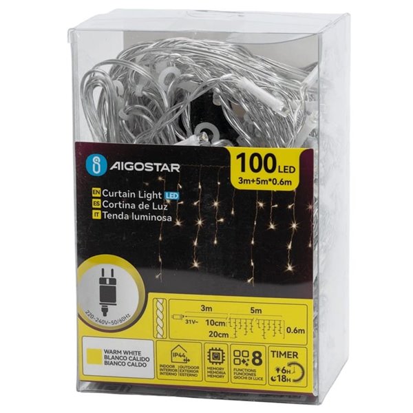 Cortina de 100 luces LED planas de carámbano 5m bajo voltaje, 25 tiras, 8 funciones+mem+temp, IP44
