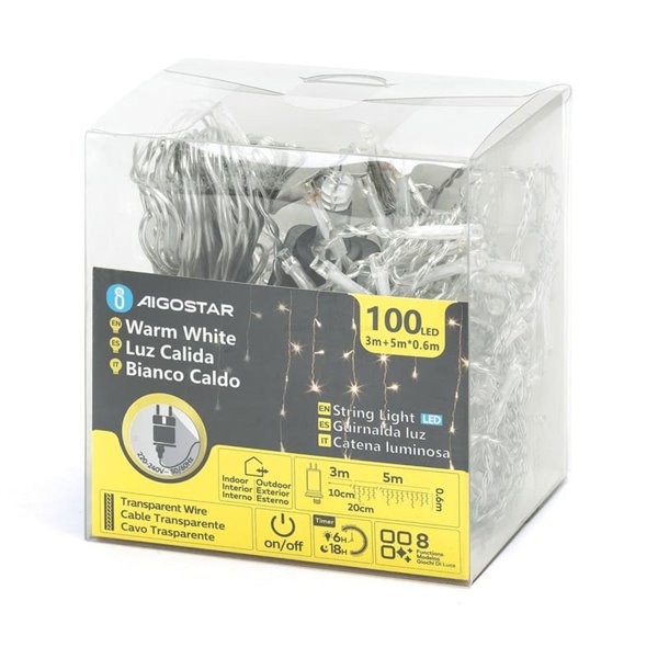 Cortina de 100 luces LED planas de carámbano 5m bajo voltaje, 25 tiras, 8 funciones+mem+temp, IP44