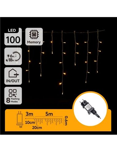 Rideau lumineux LED plat basse tension de 5 m, effet stalactite, 100 LED, 25 bandes, 8 fonctions + mémoire + température, IP44