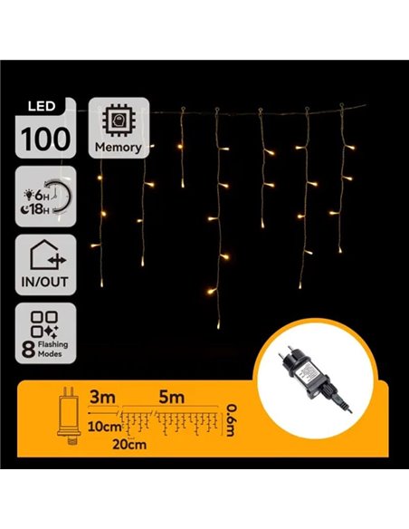 Cortina de LED plana de baixa tensão de 5m com 100 LEDs, 25 faixas, 8 funções + memória + temperatura, IP44