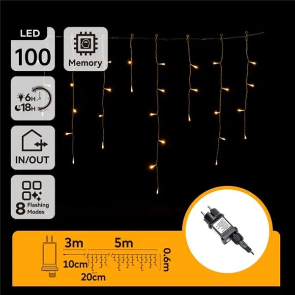 Cortina de 100 luces LED planas de carámbano 5m bajo voltaje, 25 tiras, 8 funciones+mem+temp, IP44