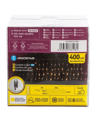 Cortina de luzes LED planas de baixa tensão, 20m, 400 LEDs, 100 tiras, branco quente, IP44 para uso interno/externo