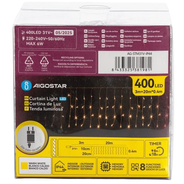 Cortina de 400 luces LED planas de carámbano bajo voltaje 20m, 100 tiras, blanco cálido, interior/exterior IP44