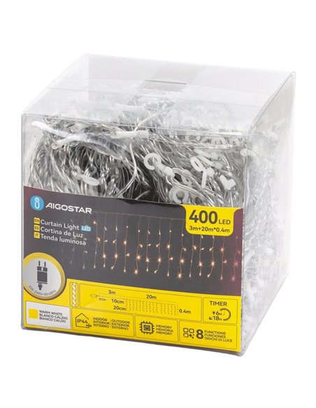 Cortina de luzes LED planas de baixa tensão, 20m, 400 LEDs, 100 tiras, branco quente, IP44 para uso interno/externo