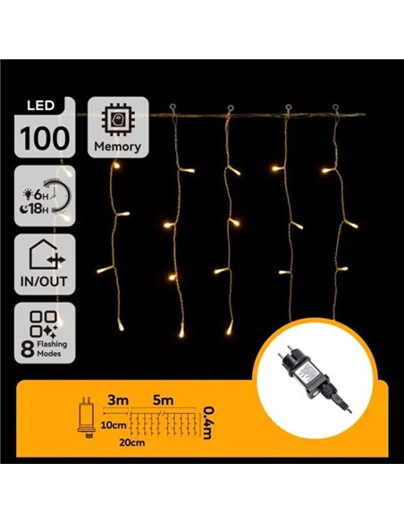 Cortina de 100 luces LED planas tipo carámbano bajo voltaje 5m, 25 tiras, blanco cálido, interior/exterior, IP44