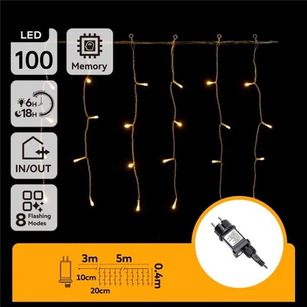 Cortina de 100 luces LED planas tipo carámbano bajo voltaje 5m, 25 tiras, blanco cálido, interior/exterior, IP44