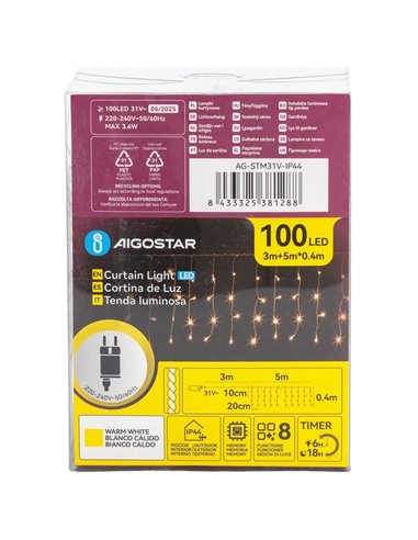 Cortina de 100 luces LED planas tipo carámbano bajo voltaje 5m, 25 tiras, blanco cálido, interior/exterior, IP44