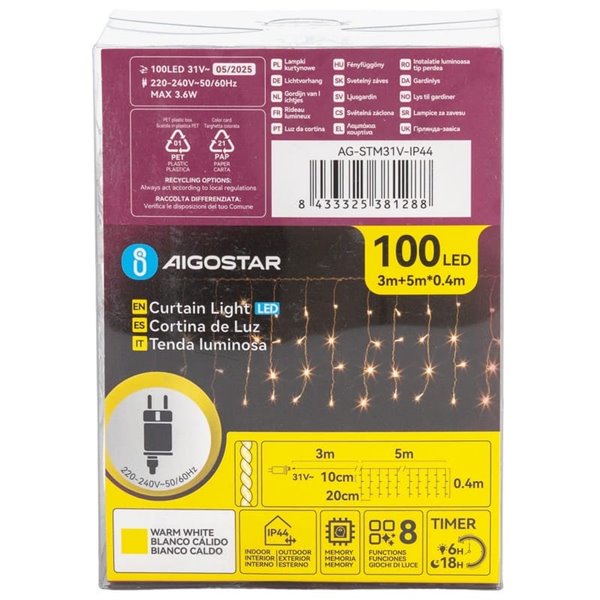 Cortina de 100 luces LED planas tipo carámbano bajo voltaje 5m, 25 tiras, blanco cálido, interior/exterior, IP44