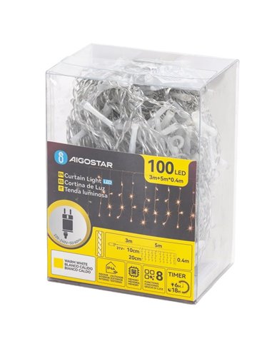 Cortina de 100 luces LED planas tipo carámbano bajo voltaje 5m, 25 tiras, blanco cálido, interior/exterior, IP44