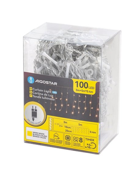 Cortina de 100 luces LED planas tipo carámbano bajo voltaje 5m, 25 tiras, blanco cálido, interior/exterior, IP44