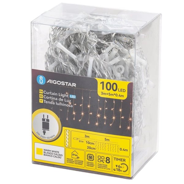 Cortina de 100 luces LED planas tipo carámbano bajo voltaje 5m, 25 tiras, blanco cálido, interior/exterior, IP44