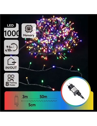 Cordão de luzes LED com 1000 LEDs, 50m, baixa tensão, RGBY, 8 funções + memória + temperatura, IP44 para uso interno/externo