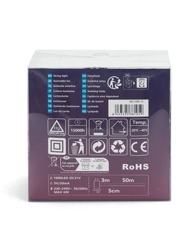 Guirnalda de 1000 luces LED de colores 50m bajo voltaje, RGBY, 8 funciones+mem+temp, interior/exterior IP44