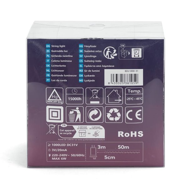 Guirnalda de 1000 luces LED de colores 50m bajo voltaje, RGBY, 8 funciones+mem+temp, interior/exterior IP44