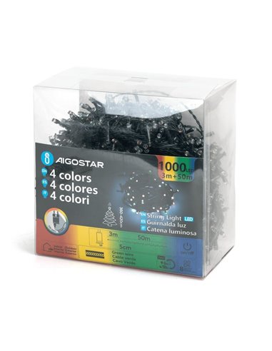 Guirnalda de 1000 luces LED de colores 50m bajo voltaje, RGBY, 8 funciones+mem+temp, interior/exterior IP44