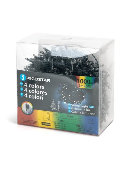 Guirnalda de 1000 luces LED de colores 50m bajo voltaje, RGBY, 8 funciones+mem+temp, interior/exterior IP44